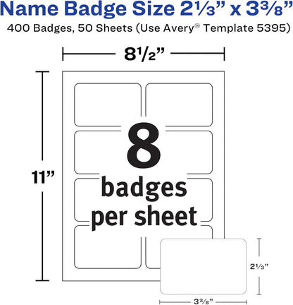 Avery Flexible Printable Name Badges, 2-1/3" x 3-3/8" Rectangle Labels, White, 5 Packs, 2,000 Removable Name Tag Stickers Total (5395)