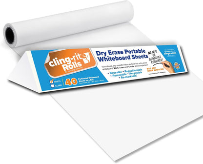 Clingers Instant Whiteboards - Repositional Dry Erase Sheets, 40 Whiteboards per Roll, 20x30 Inch, Removable & Recyclable Cling-rite Rolls for School, Office Decor, and Art Projects - American Made
