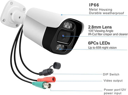 1080P CCTV Camera (Hybrid 4-in-1 HD-CVI/TVI/AHD/960H Analog CVBS) Outdoor Indoor, 6pcs IR-LEDs, ICR, 2.8mm Lens, 105° Wide Angle, Full Metal Housing, for 960H,720P,1080P,5MP,4K Analog DVR
