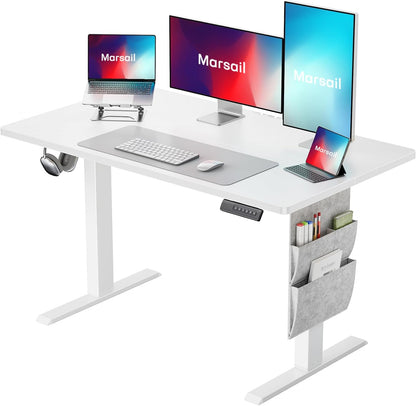 Marsail Standing Desk Adjustable Height,48"*28" Electric Standing White Desk with Storage Bag,Sit Stand up Desk for Home Office Writing Computer Desk,4 Memory Preset with Headphone Hook,Cable Manager