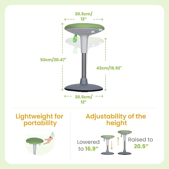 Wobble Stool for Kids Ages 7–12; Adjustable Height Wobble Stools for Classroom Seating with Soft Cushion; Flexible Wiggle Chair for Focus and ADHD Support + Bonus Visual Timer (Nature Green)