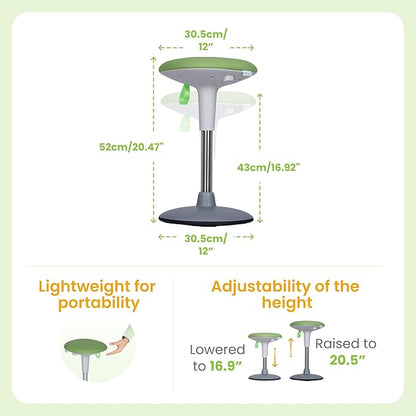 Wobble Stool for Kids Ages 7–12; Adjustable Height Wobble Stools for Classroom Seating with Soft Cushion; Flexible Wiggle Chair for Focus and ADHD Support + Bonus Visual Timer (Nature Green)