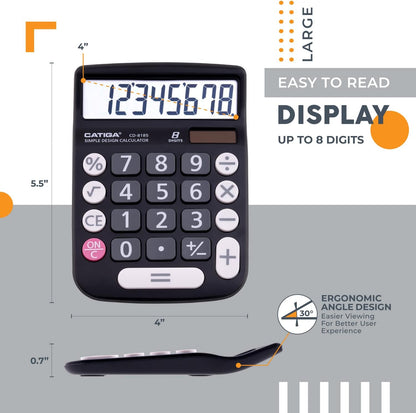 CATIGA Desktop Calculator 8 Digit with Solar Power and Easy to Read LCD Display, Big Buttons, for Home, Office, School, Class and Business, 4 Function Small Basic Calculators for Desk, CD-8185 Black