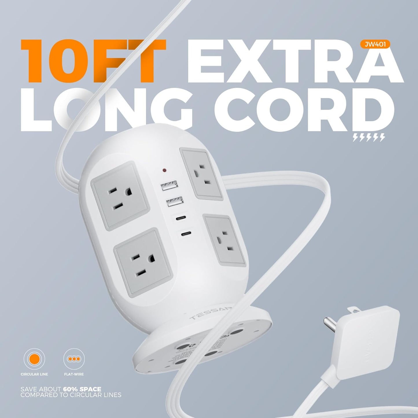 Tower Power Strip, Surge Protector 10 FT Cord, TESSAN Flat Plug Extension Cord with Multiple Outlets, 8 AC Outlets with 4 USB Ports (2 USB C), Charging Station with Surge Protection, for Office Dorm