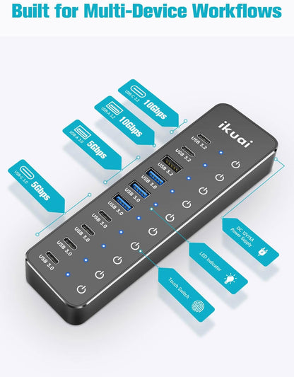 Powered USB Hub, ikuai 10-Port USB 3.2 / USB C Hub, with 3 10Gbps Data Ports and 7 USB 3.0 Ports (4 USB-C + 3 USB-A) for Mac PC Laptops and More