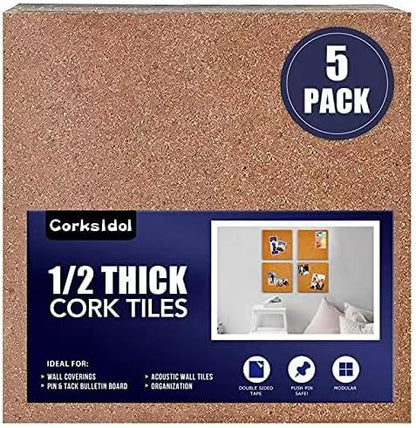Corksidol Cork Tiles 12"x12" - 1/2" Thick -Bulletin Board-Cork Board- Ultra Strong Self Adhesive Backing for Floor/Wall/DIY-5 Pack