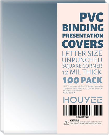 HOUYEE 100 Pack Clear Binding Presentation Covers, PVC Report Covers,12 Mil,8-1/2 x 11 Inches, Letter Size