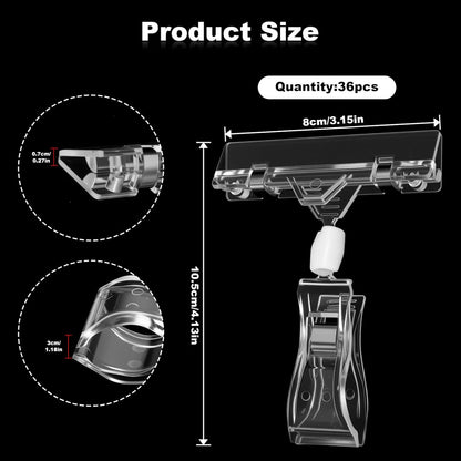 36 Pcs Clear Sign Clips – Double-Sided Rotatable POP Plastic Label Holders for Retail Display, Shelves, Clothing Racks & Price Tags