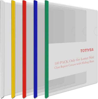TOTiyea 100 Pack Clear Report Covers with Sliding Bars, 9mm (70 Sheet Capacity) 5 Assorted Colors Sliding Bar File Folders, for Letter Size