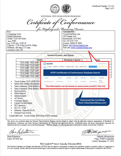 VisionTechShop VLP-100B Label Printing Scale, Capacity 30/60lb Readability 0.01/0.02lb, NTEP Legal for Trade, English, Spanish Available