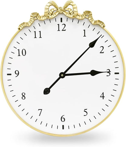 Large Vintage Gold Wall Clock, 27.5inch Decorative Round Wall Clocks with Bow Decor for Living Room, Retro Metal Battery Operated Clocks for Bedroom, Dining Room,Office