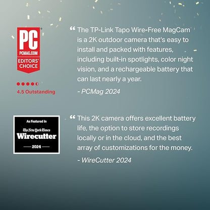 Tapo MagCam, 2025 Wirecutter Best Outdoor Security Camera & PCMag Editors’ Choice, 2K, Battery, Magnetic Mount Wireless Camera, 150° FOV, SD/Cloud Storage, Person/Vehicle Detection