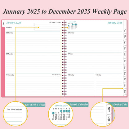 2025 Planner - Planner 2025 from January 2025 to December 2025 with 12 Monthly Tabs, Flexible Cover, Inner Pocket, 8.5" x 11", Pink