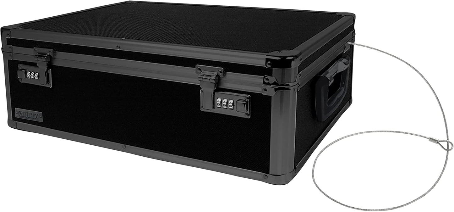 Vaultz Storage Lock Box - 6.5 x 19.25 x 13.5 Inch Lockable Dorm Storage Trunk with Combination Lock - Briefcase, Medicine Box, Lock Boxes for Personal Items, Cash, Laptop - Black on Black