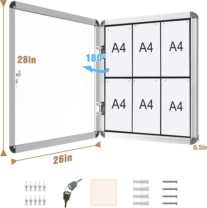 28"x26" Enclosed Bulletin Board, Lockable Weather-Resistant Aluminum Cork Noticeboard for School & Office, Silver Frame w/Black Flet