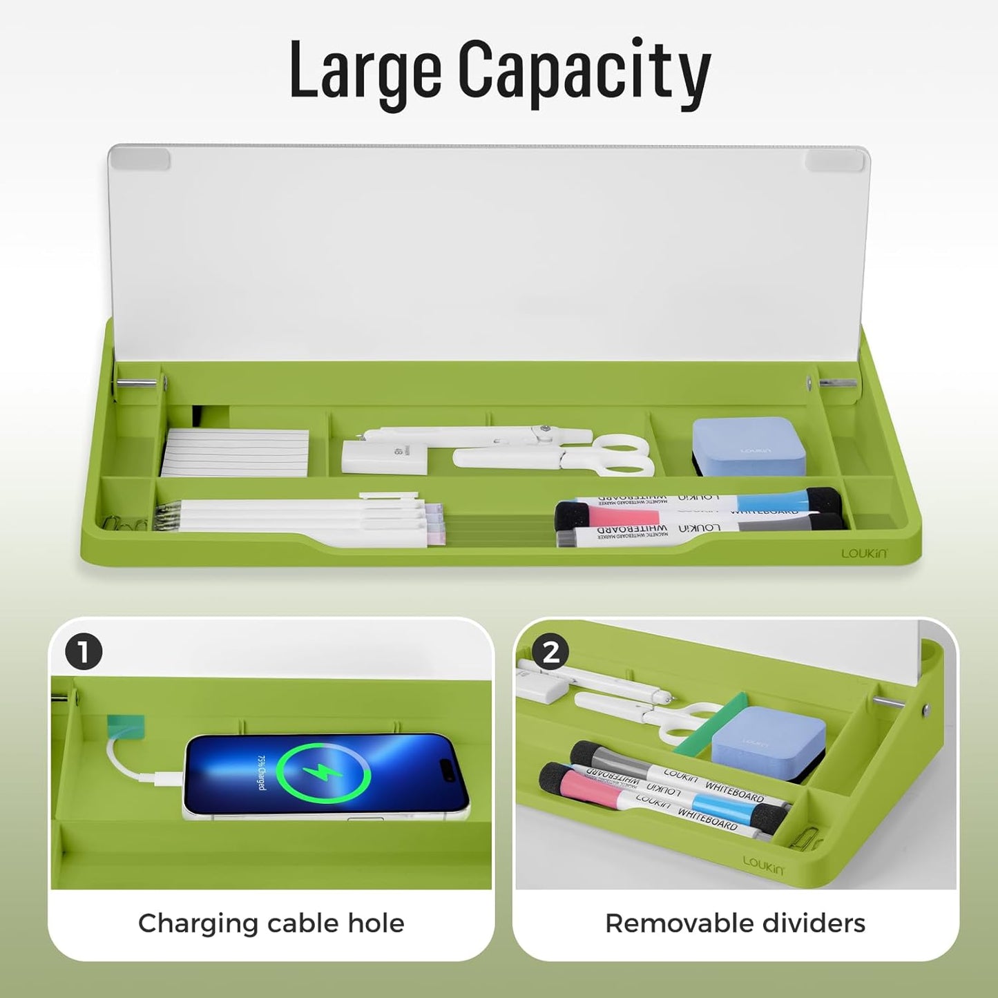 LOUKIN Glass Desktop Whiteboard, 15.3" x 5.6" Dry Erase Desk Board with Dotted and Graduated Surface, Desktop Buddy, Great for Design and Drawing, 3 Markers and 1 Dry Erase Eraser Included (Green)