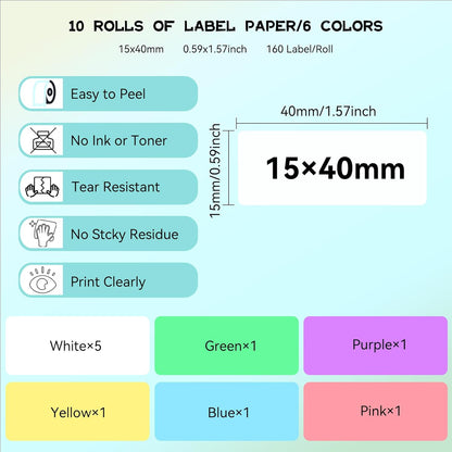 Label Maker Tape Refill 15mm 0.47 Standard Laminated Thermal Label Tape Replacement 0.59"×1.57"(15×40mm), 1650 Labels/10Rolls/Pack, High Definition Labeling Tape for Home Office School Hotel