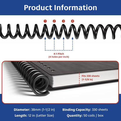 TruBind 38mm (1-1/2 in.) Spiral Binding Coils for Reports, Presentations and Proposals | 4:1 Pitch | 12 in. Length | Black | 330 Sheets Binding Capacity | 50 Pack
