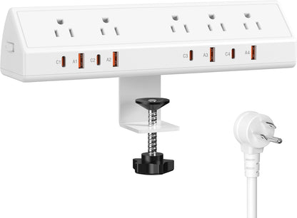 Desk Clamp Power Strip 65W Fast Charging Station,4 PD USB-C,5 Outlets,Nightstand Desk Edge Mount Tower Surge Protector,15 Amp Heavy Duty Power Strip,Fits 1.96" Tabletop Edge (White, 10 FT Cable)