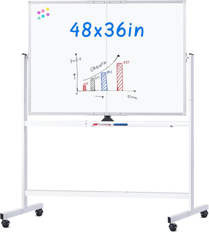 maxtek Rolling Whiteboard, 48x36 Large Magnetic White Board with Stands, Big Double-Sided White Board Dry Erase on Wheels for Homeschool, Home Office, Office, School (Silver, 48 x 36)