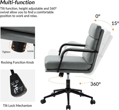 HULALA HOME Modern Faux Leather Home Office Chair with Tilt Lock & Metal Base, Desk Chair with Wheels & Padded Cushion, 360° Swivel Wide Seat Computer Task Chair, Sage