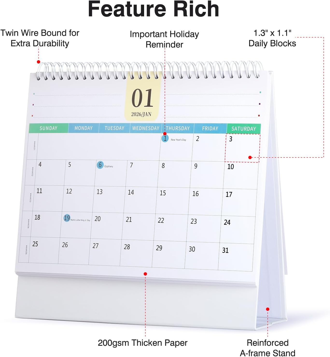 Desk Calendar 2026-2027, 2 Years Calendar Runs from Jan. 2026 until Dec 2027, Table Monthly Planner with Stickers for Home,Office,School Organization(L-White,9.8" x 9.6")