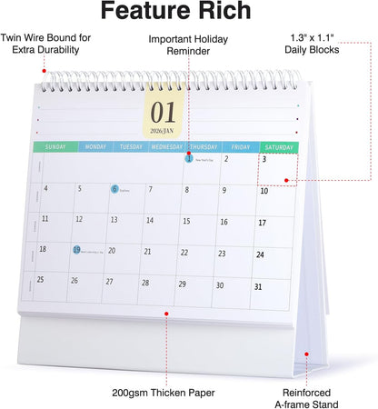 Desk Calendar 2026-2027, 2 Years Calendar Runs from Jan. 2026 until Dec 2027, Table Monthly Planner with Stickers for Home,Office,School Organization(L-White+Green,9.8" x 9.6")