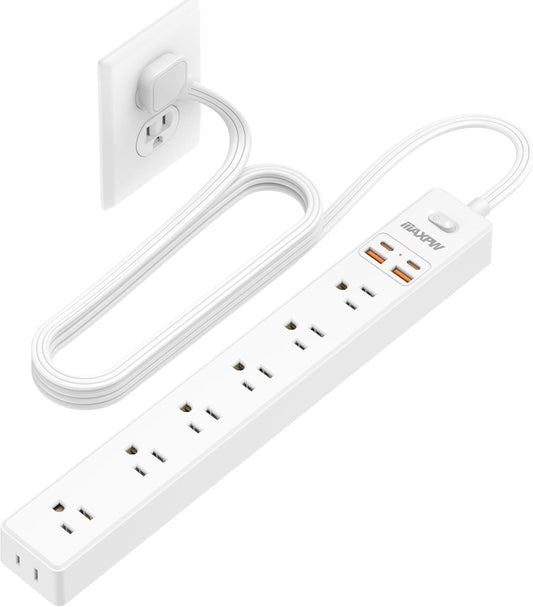 6 Ft Power Strip Surge Protector - 7 Outlets 4 USB Ports (2 USB C), Ultra Thin Flat Extension Cord & Flat Plug, 1700 Joules, Wall Mount, Desk Charging Station for Home Office Dorm, White