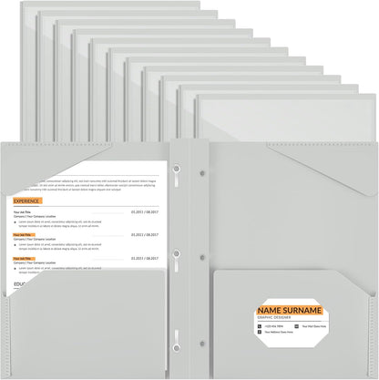 Henoyso 18 Pcs Plastic Folder with Clear Front Pocket and 3 Prong Plastic Folders with Card Slot Pocket Folders with Prongs for School Office (Gray White)