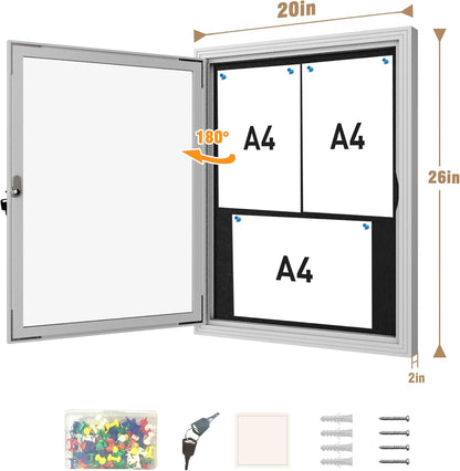 26"x20" Enclosed Bulletin Board, Outdoor Lockable Weather-Resistant Aluminum Cork Noticeboard for School & Office, Silver Frame w/Black Flet