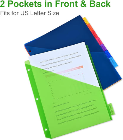 8-Tab Binder Dividers - Index Pockets Divider for 3 Ring Binders, 3-Hole Plastics Sheets Protectors for US Letter Size in 0.5'', 1'', 2'', 3 inch Binders, 8 Colors (XY004) (6 Packs)