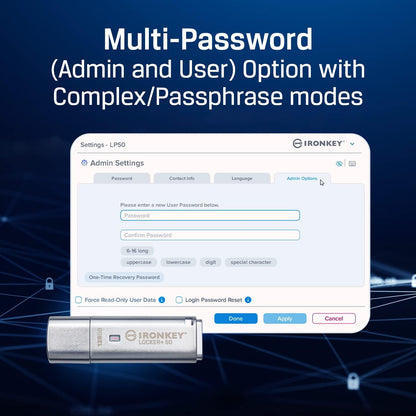 Kingston Ironkey Locker+ 50 64GB Encrypted USB Flash Drive | USB 3.2 Gen 1 | XTS-AES Protection & TAA Compliant | Multi-Password Security Options | Automatic Cloud Backup | Metal Casing | IKLP50/64GB