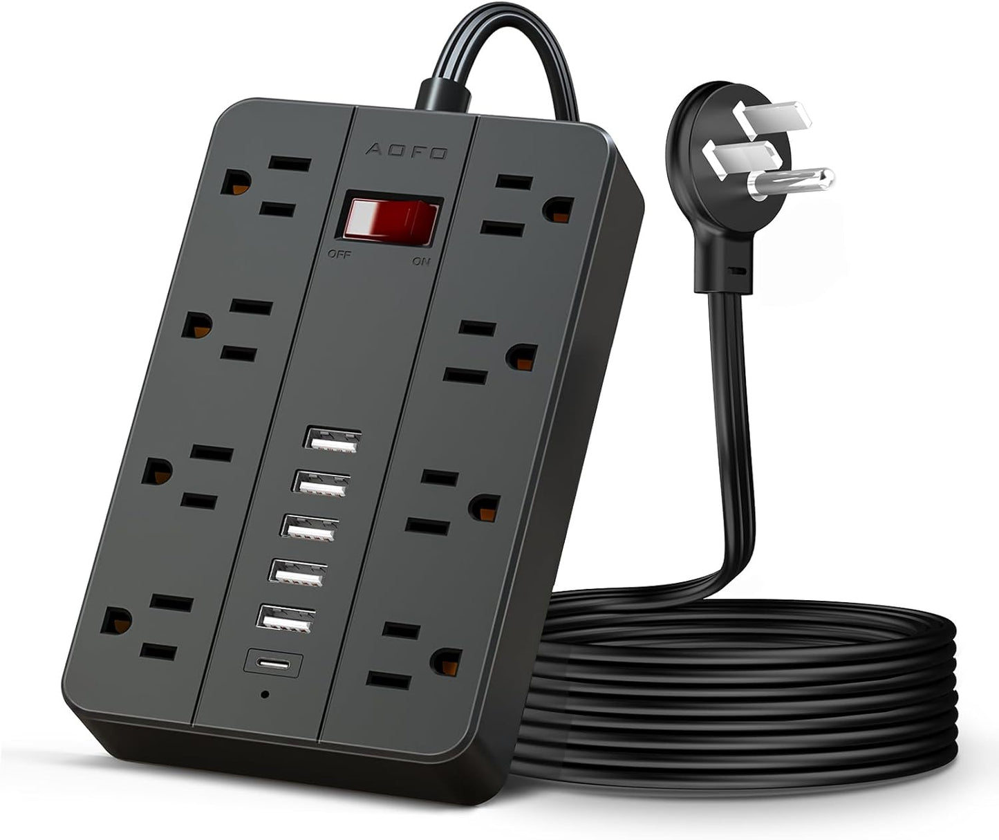 10ft Extension Cord Long Power Strip,AOFO 8 Widely-Spaced Outlets & 6 USB（1 USB C） Ports Flat Plug Power Strip,Power Cord for Wall Mountable and Desktop Black