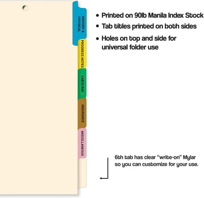 Doctor Stuff - Stock Medical Chart Dividers, 65 Sets of 6 Popular Healthcare Index Tabs, Side Tab, 9" x 11", File Folder Organizer for Nursing Patient Charts and Medical Records