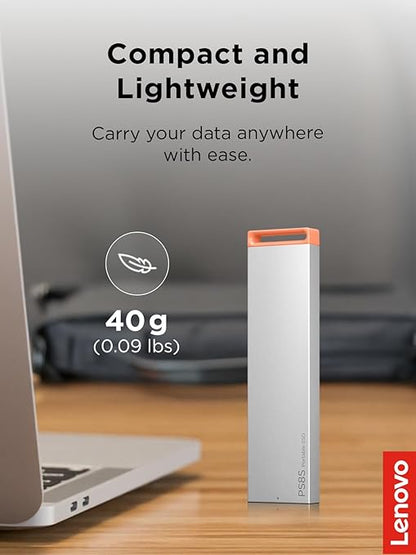 Lenovo PS8S 1TB Portable SSD, Up to 1050MB/s Read, 1000MB/s Write, USB 3.2 USB-C, Slim Lightweight (40g) Aluminum Body, Reliable Storage for PC/Mac & Android