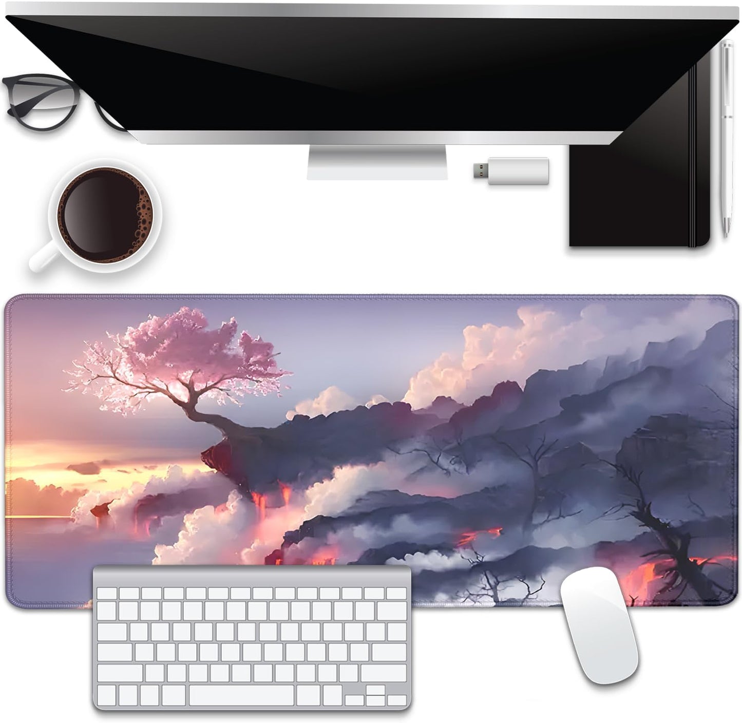 Volcano and Cherry Blossoms Desk Pad Mouse Pad,Large Nature Mouse Mat with Stitched Edges,Non-Slip Rubber Base Mousepad for Office PC Keyboard Laptop and Home Work Desk Mat(27.5X11.8 in)