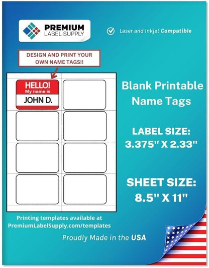 Premium Label Supply Blank Printable Name Tag Stickers - 2-1/3" x 3-3/8" - Laser/Inkjet Compatible – (8 per Sheet) 500 Sheets – 4000 Total Adhesive Name Tag