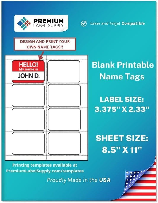 Premium Label Supply Blank Printable Name Tag Stickers - 2-1/3" x 3-3/8" - Laser/Inkjet Compatible – (8 per Sheet) 500 Sheets – 4000 Total Adhesive Name Tag