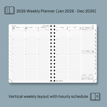 POPRUN 2026 Planner (Medium - 6.5'' x 8.5'') with Hourly Schedule, Vertical Layout - 2026 Weekly Calendar (Jan. 2026 - Dec.2026) for Time Management, Monthly Tabs, Spiral Bound, Soft Cover - Grey