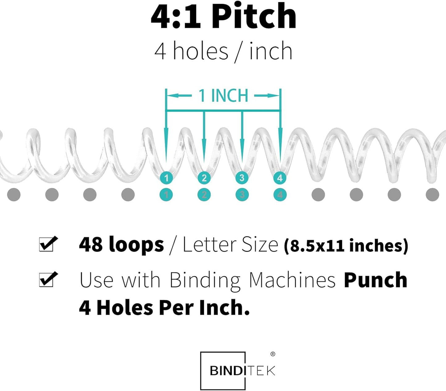 Binditek 50 Pack Plastic Spiral Binding Coils, 6mm(1/4"), 30 Sheet Capacity, 4:1 Pitch, Clear, 48Loops, for Letter Size, for Students and Coworkers