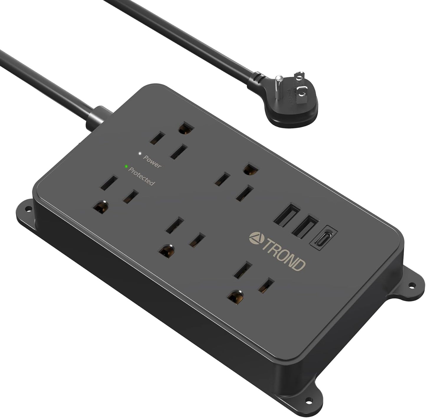 TROND Power Strip Surge Protector, 5 Widely-Spaced Outlets with 2 USB A and 1 USB C, ETL Listed, Wall Mountable, Flat Plug 5ft Extension Cord, 1300J, 14AWG Heavy Duty, for Office Kitchen, Black