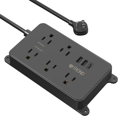 TROND Power Strip Surge Protector, 5 Widely-Spaced Outlets with 2 USB A and 1 USB C, ETL Listed, Wall Mountable, Flat Plug 5ft Extension Cord, 1300J, 14AWG Heavy Duty, for Office Kitchen, Black