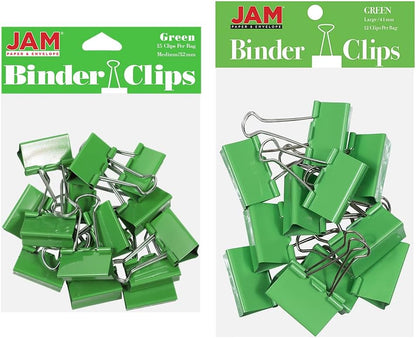 JAM PAPER Colorful Binder Clips Assortment - Medium & Large Size - Green Binderclips - 27 Clips/Pack
