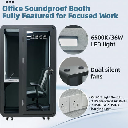 Solo Office Pod, Sound Pod, Mobile Office Pod Booth, SoundProof Booth for Office, Privacy pod, Mobile Roller with Desk, LED Light, Centrifugal Fans and AC USB Ports - Black/Smoked Glass