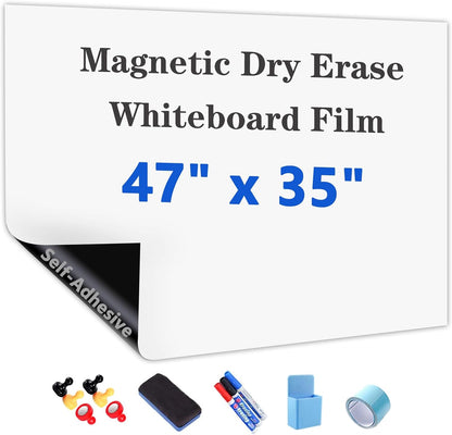 Magnetic Dry Erase Whiteboard Paper with Adhesive, 47" x 35" White Board Film for Wall, Easy to Write and Clean Dry Erase Board for Office, Classroom, Home, Include Marker, Magnetic Eraser and Magnets
