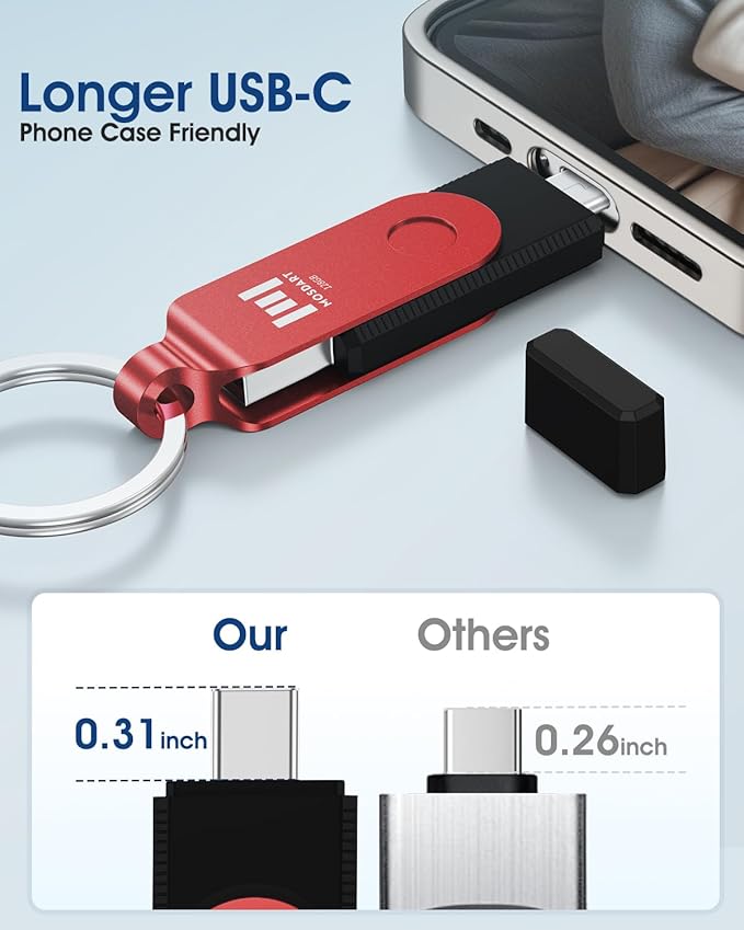 MOSDART 128GB USB3.1 Fast Speed C and A Dual Flash Drive, exFAT Memory Stick with Keychain and LED Indicator, for iPhone 15,16,17, Android Phone, iPad, MacBook, and Other Laptops, Red