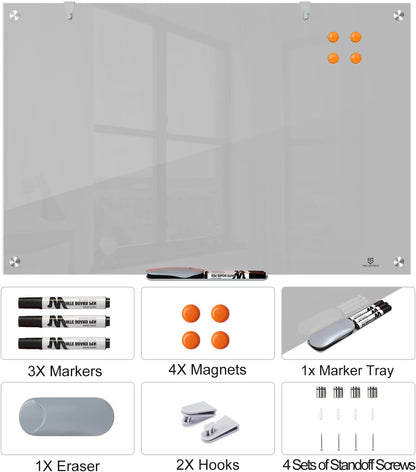 TSJ OFFICE Glass Dry-Erase Board - 36 x 24 Inches Wall Mounted Magnetic Whiteboard, Large Frameless Glass White Board for Office, Home & School, Gray