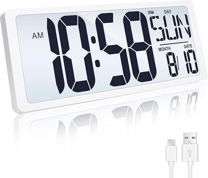 TXL Rechargeable Atomic Clock with Backlight, 14.2" Large Display Digital Wall Clock Battery Operated with Day, Date & Temperature, Large Wall Clock for Bedroom, Livingroom, Office（White）