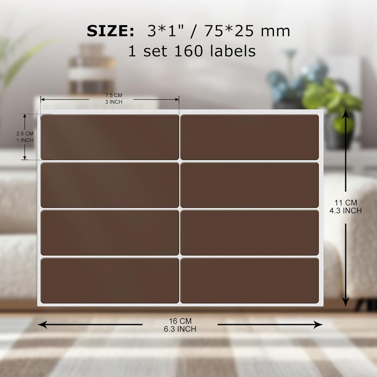Rectangle Label Stickers 3×1 Inch Vinyl Removable Brown Sticker Waterproof Writable File Folder Moving Labels for Boxes Home Office Labeling 160 PCS