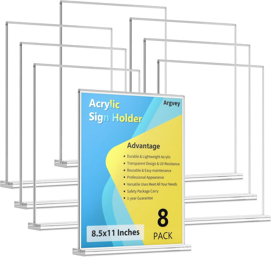 8 Pack Acrylic Sign Holder 8.5 x 11 Vertical, Clear T Shape Table Menu Display Stand, Multi-function Plastic Double-Sided Paper Picture Frames Flyer Document Holder for Displaying